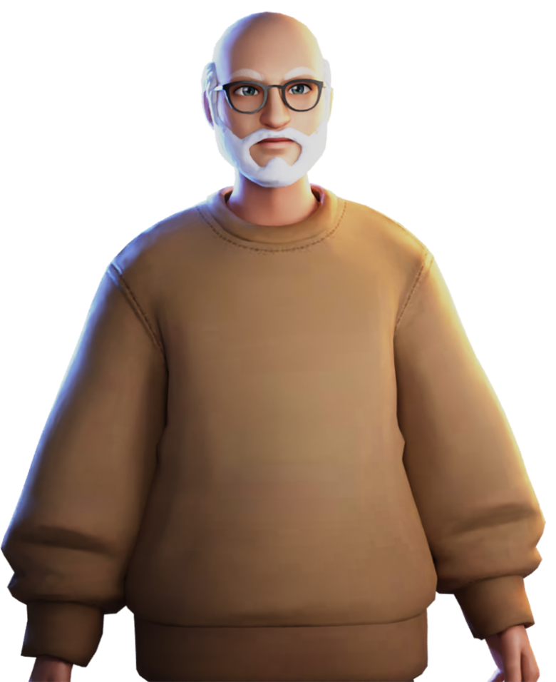 En animerad avatar som föreställer en man med vitt skägg, vita ögonbryn och svarta glasögon. Han har rakat huvud och bär en stor ljusbrun tröja.