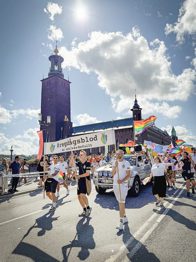 I förgrunden av bilden syns massor av människor som går i Stockholms prideparad. Det är prideflaggor och ballonger lite överallt. En bil åker i mitten med ett högtalarsystem på taket. Längst fram går tre personer som håller i en banderoll där det står "hashtag regnbågsblod är också värdefullt". I bakgrunden syns Stockholms stadshus och en blå himmel.