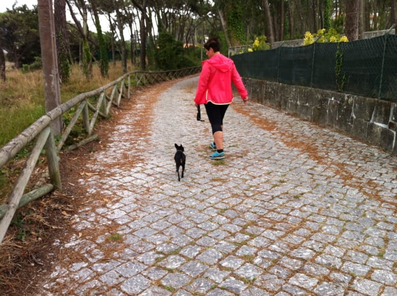 Sineva Ribeiro på hundpromenad. PÅ bilden har Sineva en röd jack och svarta tights och man ser henne och den svarta hunden bakifrån på en gångväg i en skog.