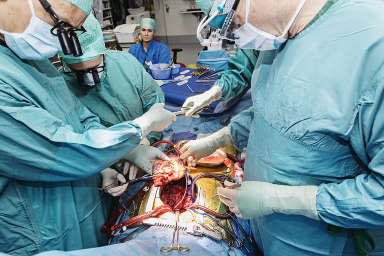 Fyra personer står med varsin uppgift kring patienten som ligger på operationsbordet mellan dem. En person håller i ett mänskligt hjärta och är på väg att lägga ner det i patientens öppna bröst. En ytterligare person syns i bakgrunden, sittandes bredvid operationsbordet.