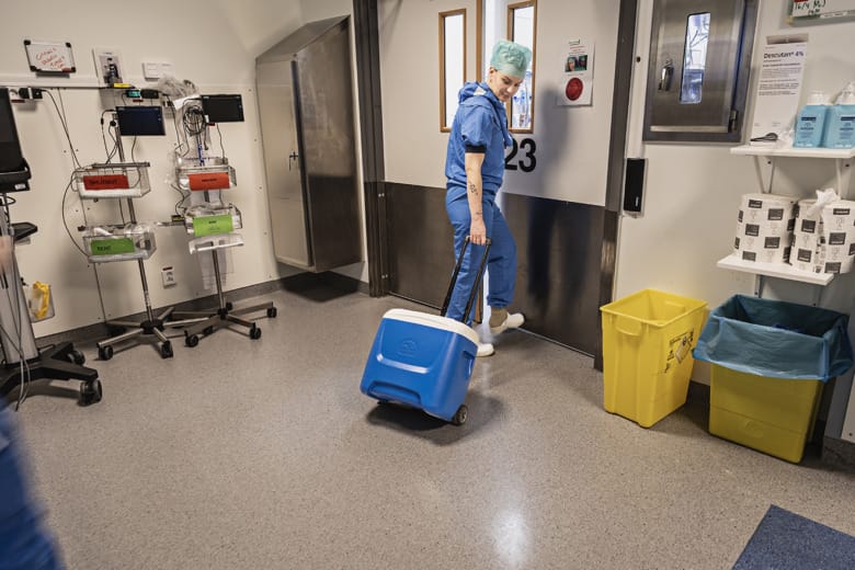 En kvinna iförd operationskläder är på väg ut genom dörrarna från operationssalen. Med sig drar hon en blå kylbox på hjul som är ett organ som är redo för transport och transplantation.