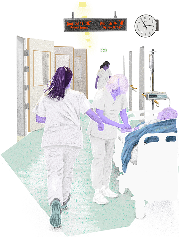 Illustration av stressad vårdpersonal som småspringer i en korridor där det också ligger patienter i sängar. Larmskyltar blinkar i taket.