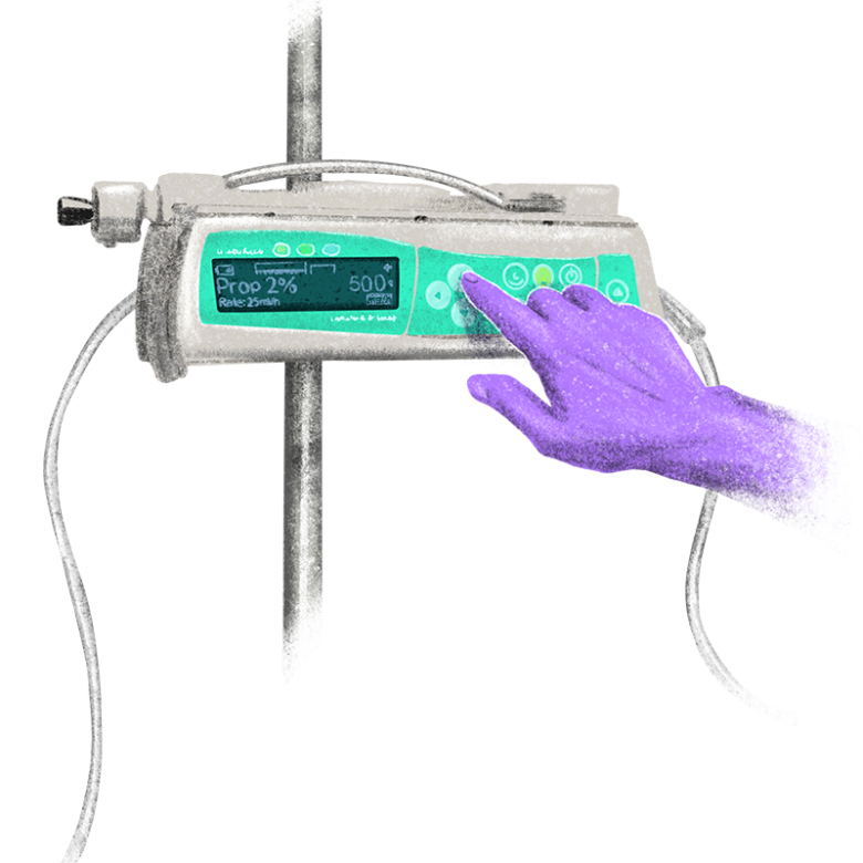 Illustration av en behandskad hand som trycker på en knapp på en infusionspump.