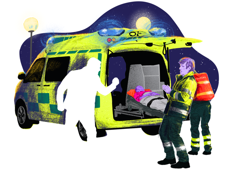 Illustration föreställande en hotfull person i silhuett vid ambulans, en i vårdpersonalen blir attackerad.